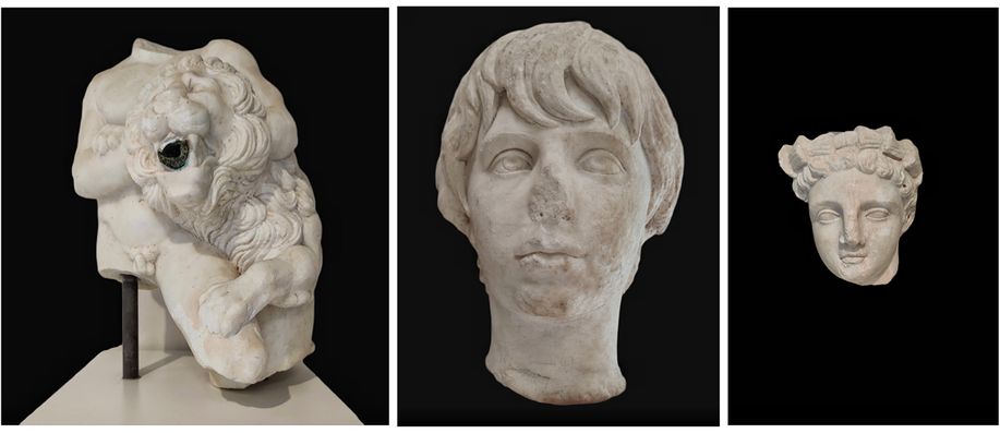 Hercules and the Nemean Lion. A statuary group, used as a fountain sculpture. Found south of the theater. c.150AD. (middle) Portrait of Polydeukes from the Roman Baths. c.150 AD. (right) Head of athlet.