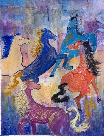 "Hesteslipp"
Akryl på papir, Kr.2800,- + porto. innrammet med sort ramme og passapatour. 40x50cm.