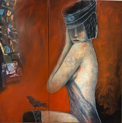 Ann-Lisbeth Sanvig, Maleri, Dame med solsort, 100x100cm