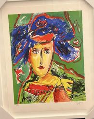 Gina Pellon, Litografi, Dame med blå hat, 61x49cm
