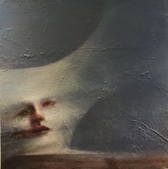 Mette Kærgaard Kølbæk Maleri Ansigt i hvide skyer, 60x60cm