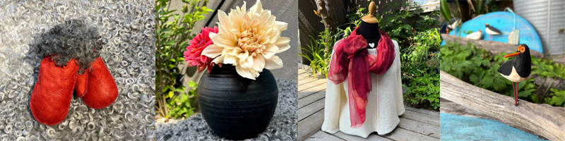 vantar i skinn med pälskant, drejadkruka med blommor,  sidenhalsduk, stickad tröjja, snidad fågel