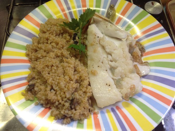 Boulghour façon risotto , cabillaud poèlé aux échalotes
