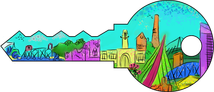 a key decorated with a colourful illustration of a cityscape