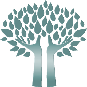 A stylised image of two hands reaching upwards, with the fingers transforming into leaves to form a tree.