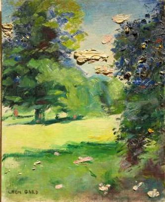 Arbres dans la prairie du parc des Bonshommes en été (huile sur carton, 46 X 38 cm, L'Isle-Adam 1965. Coll.T.G.)