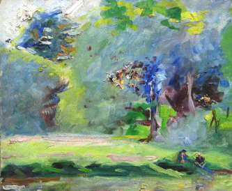 Au bord de l'étang, effet de feu et de fumée (huile sur carton , 46 X 38 cm, 1967. Coll.T.G.)
