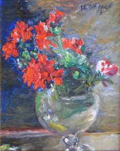Le géranium rouge (huile sur carton, 41 X 33 cm, Paris 1979, dernier tableau peint par Léon Gard)
