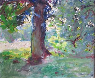 Arbre à contre-jour, effet de lumiere (huile sur carton, 46 X 38 cm, l'Isle-Adam,1960. Coll.T.G.)