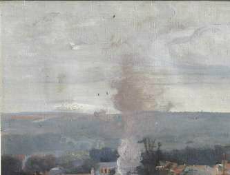 Hameau avec fumée au bord d'un chemin (huile sur toile, 35 X 27 cm, Etampes, vers 1920-1924).
On peut déceler entre 1920 et 1925 une influence de Corot (voir notamment ci-dessus, sur le chemin, le personnage avec son vêtement rouge, caractéristique de nombreuses toiles de Corot).