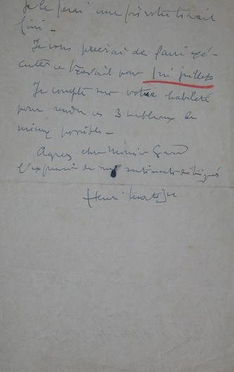 Lettre de Matisse adressée en juin 1947  à Léon Gard pour des travaux de restauration. Matisse lui en confiera jusqu'en 1952, deux ans avant sa mort.