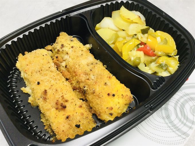 Filet de sole pané au parmesan & légumes confits, pomme de terre rôti