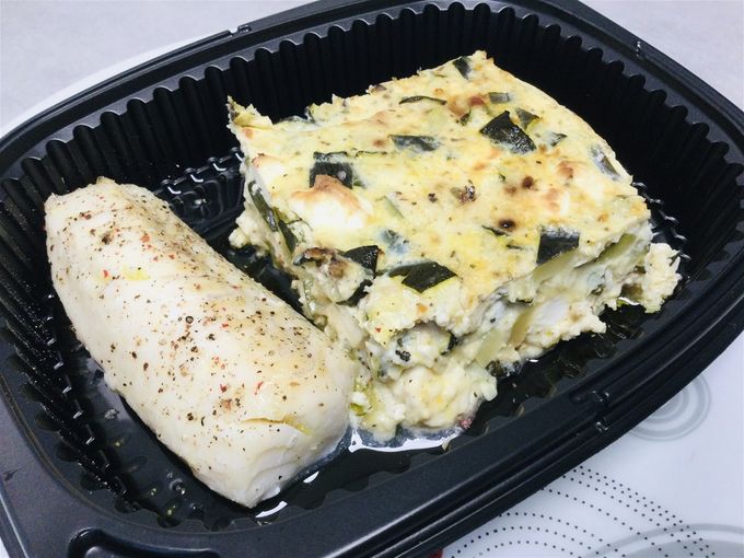 Gratin de courgettes, fêta & dos de cabillaud et sont filet d’huile d’olive de Coudoux
