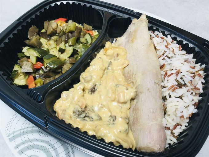Bavette de porc  aux morilles & légumes confits, riz