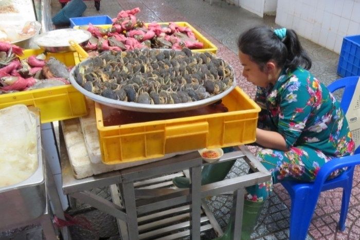 tray of mini crabs waving their little antenna - Market in Saigon