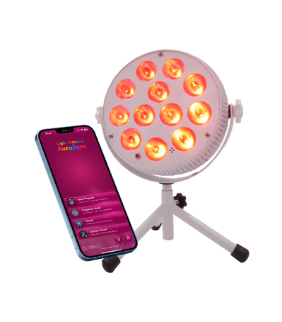 Light Mandalas AuraSync device with mobile app for color therapy and energy healing.