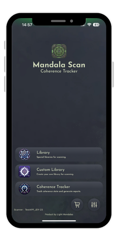 Light Mandalas Scan mobile app interface for coherence tracking and energy assessment.