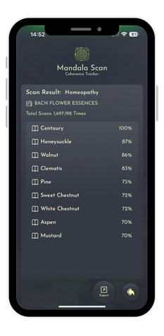 Light Mandalas Scan app displaying homeopathy and Bach flower essence scan results.