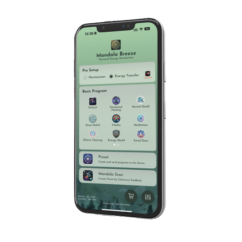 Mandala Breeze mobile app interface for energy harmonization and wellness programs.