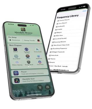 Mandala Breeze mobile app showcasing energy programs and frequency library.