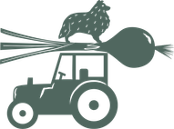 Lilla jordbrukets logotyp, en traktor med stor lök och hund på taket