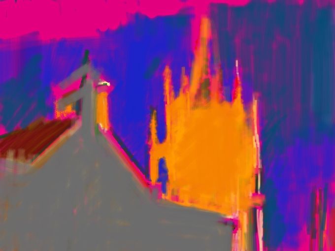 (1stiPE/03) the United Reform Church Spires from Coe Fen.
This was a big favourite at the show, a new departure drawn without line. 
Exhibited at A1 59 x 84cms ( 23 x 33