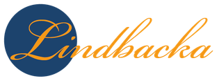 Logotype för Lindbacka bruk. En blå cikel med ett L i och texten Lindbacka.