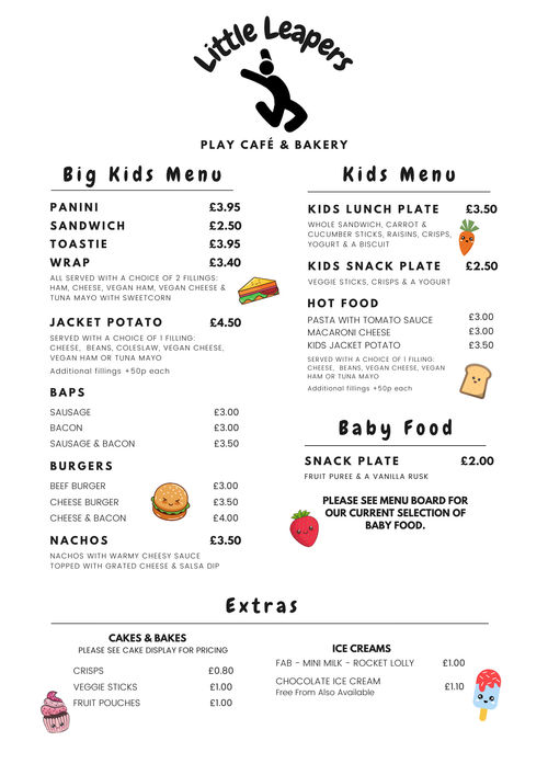 Baby classes, toddler classes, little leapers timetable, little leapers, little leapers play cafe, play cafe, soft play, soft play bracknell, baby classes today, toddler classes today, music and sensory class, activity class, baking class, cafe near me, children's cafe, kids cafe, cafe bracknell, places to eat near me, places to eat bracknell, child friendly cafe, little leapers menu, cafe menu, play cafe menu