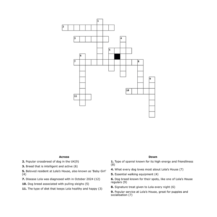 Printable Lola’s House dog-themed crossword puzzle to test your canine knowledge.