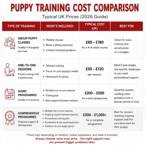 Comparison table showing typical puppy training costs in the UK, including group classes, private sessions and programmes.