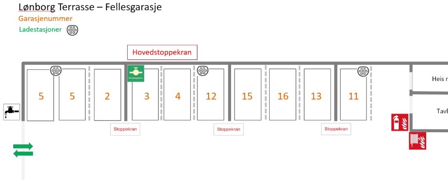 Skisse fellesgarasje med nummerering = leilighetsnummer