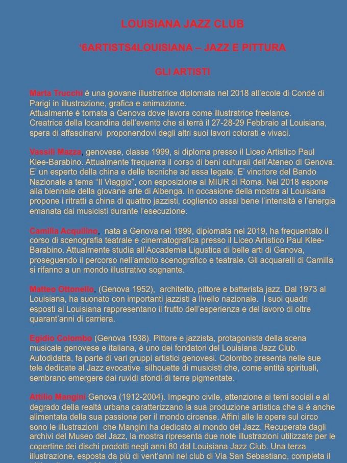 Gli artisti che esporranno a '6Artists4Louisiana'