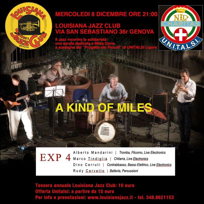 Vi raccomandiamo l'evento  in programma per mercoledì 8 dicembre. La serata è stata organizzata per raccogliere fondi per il “Progetto dei piccoli “ dell’Unitalsi. Il concerto con il super gruppo formato da Alberto Mandarini alla tromba, Marco Tindiglia chitarra, Dino Cerruti al contrabbasso e  Rodolfo Cervetto alla batteria è un omaggio alla figura di Miles Davis  e riprenderà le tappe più importanti della sua carriera, dal bebop al jazz elettrico. Vi aspettiamo!