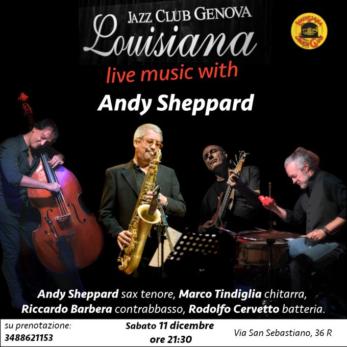 Siamo lieti di presentarvi il concerto di sabato 11, che vedrà protagonista il grande sassofonista inglese Andy Sheppard. Il compositore e sassofonista britannico ha vinto più volte il British Jazz Award e ha lavorato con artisti come Gil Evans, Carla Bley, George Russell, Steve Swallow e Paolo Fresu. In quest'occasione Andy Sheppard sarà accompagnato dal trio tutto genovese composto da Marco Tindiglia alla chitarra, Riccardo Barbera al contrabbasso e  Rodolfo Cervetto alla batteria.  Insomma, si prospetta uno splendido concerto! Considerato l'impegno economico necessario per organizzare questo evento, in quest'occasione è gradita all'ingresso una donazione di € 10 che sarà devoluta a sostegno delle attività del club.