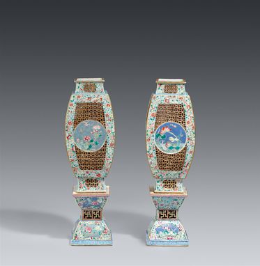 A pair of famille rose lanterns with stands