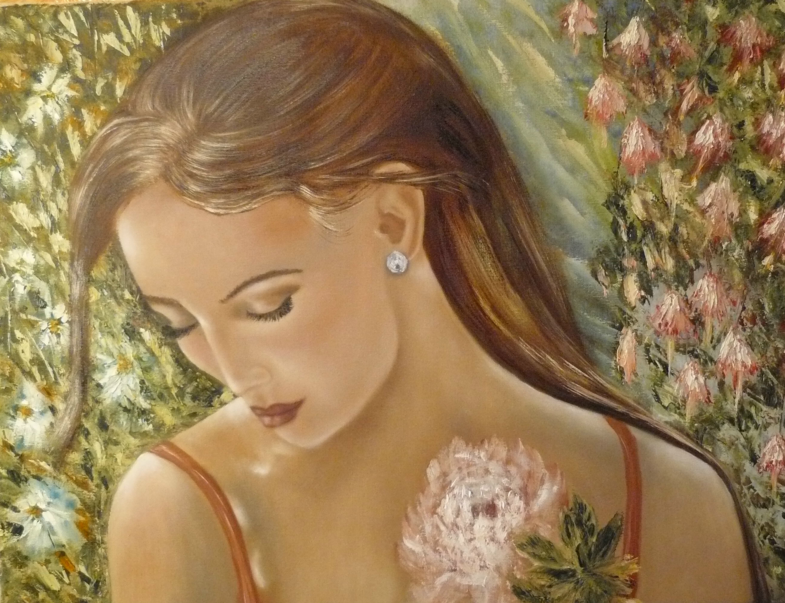 "Blomsterflickan". Detaljstudie. Med inspiration från konstnären Volegov. Olja på duk, 43 x 60 cm.