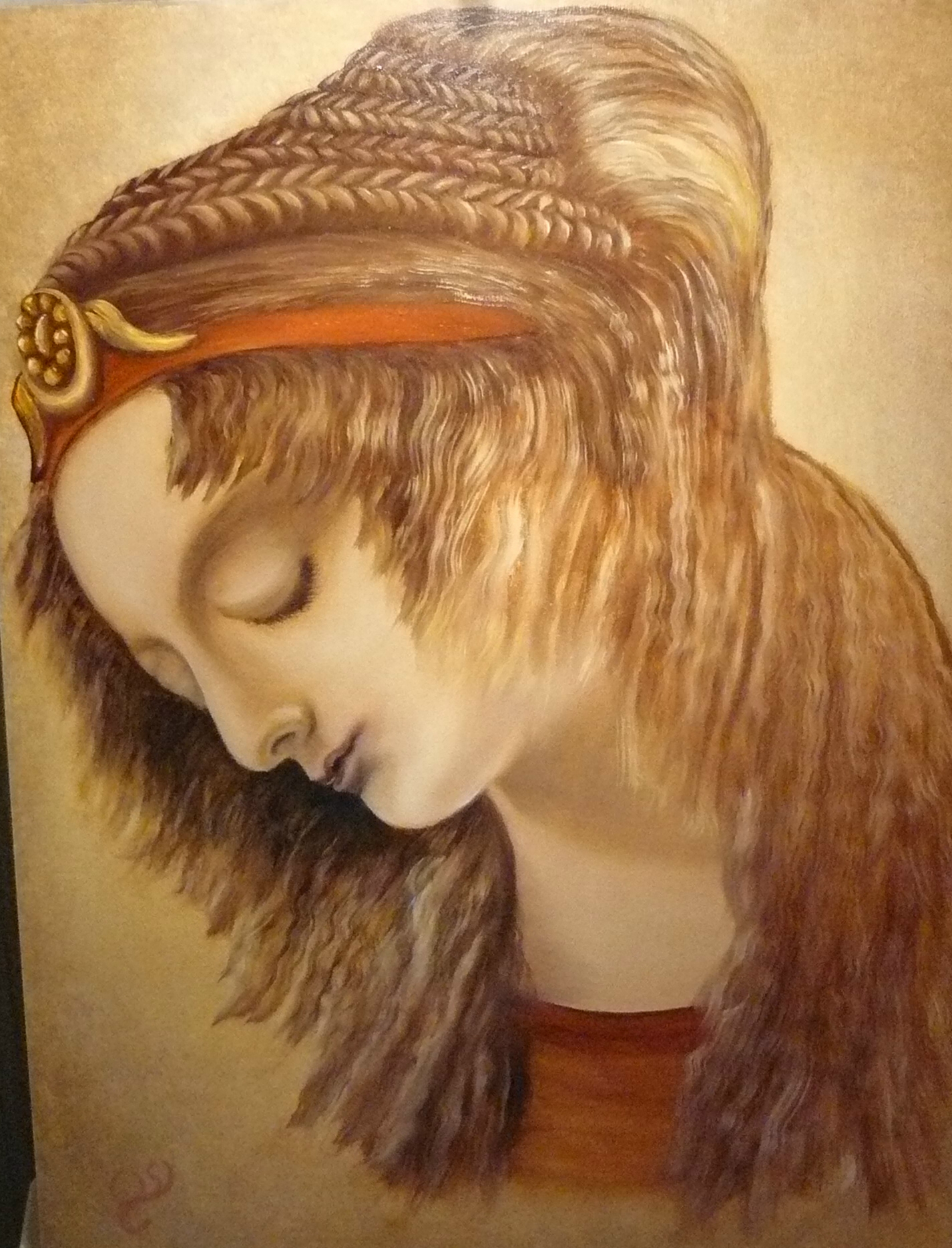"Flicka (grekisk?), med flätat hår". Ur skiss av L. Da Vinci. Torrpigment på panel. 30X40 cm.