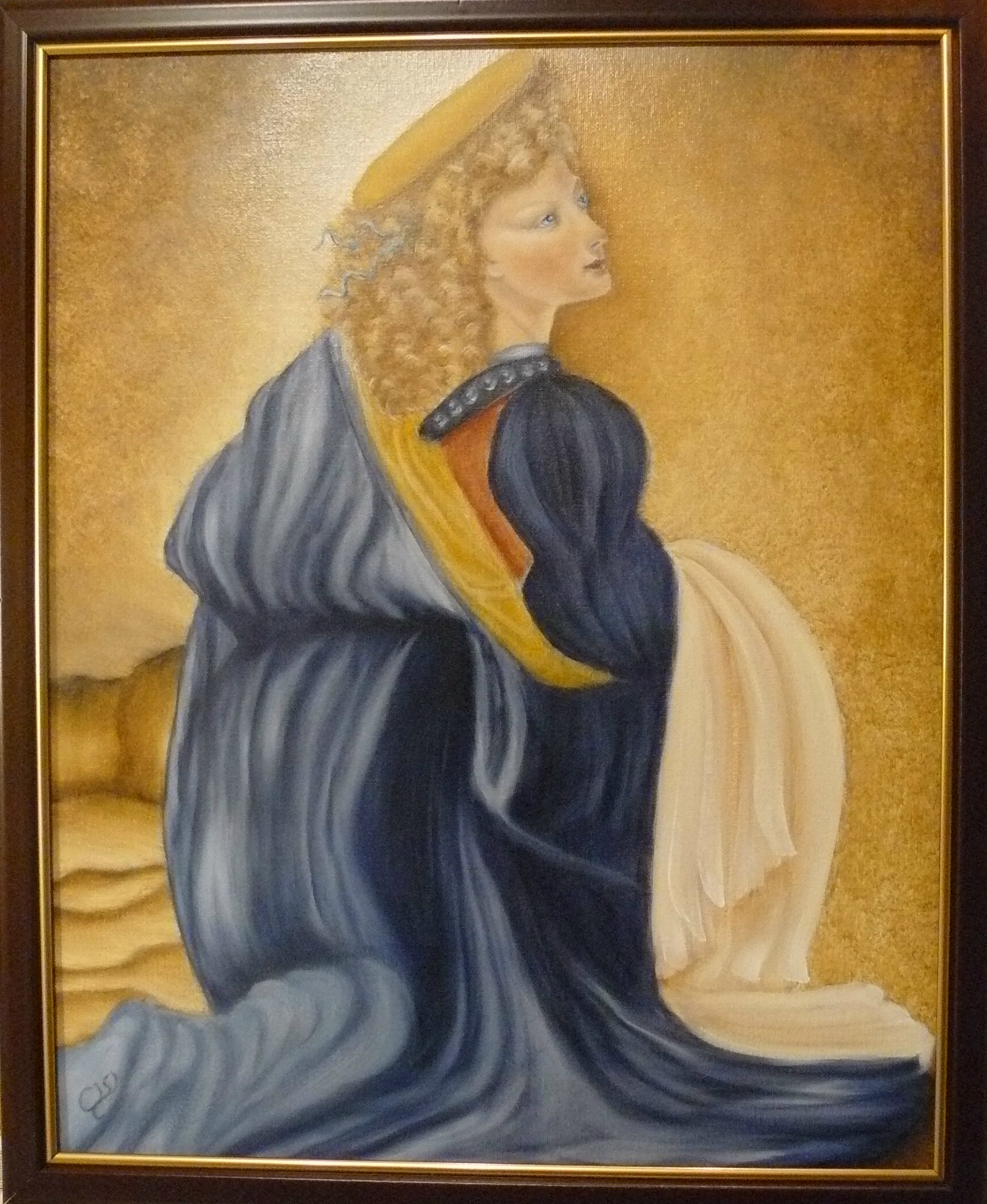 Detaljstudie i helfigur. Ängeln i tavlan "Kristi dop" av Verrocchio som var Leonardo Da Vincis lärare. Här låter Verrocchio Leonardo att fatta penseln och måla just ängeln i denna tavla. Olja på duk, 40 x 50 cm.