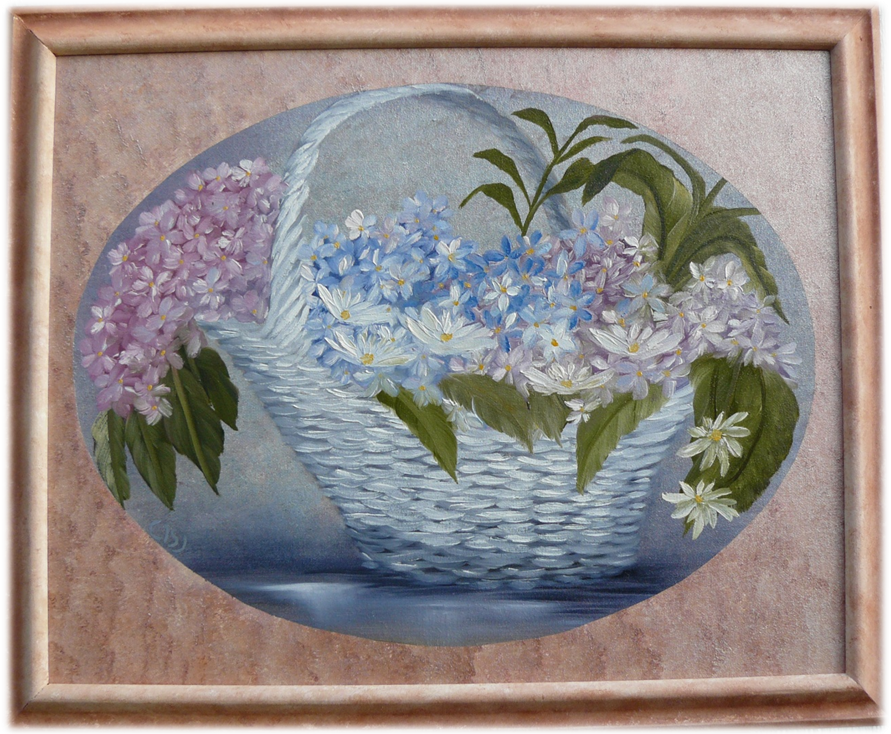 Flowers in a basket.  Olja, 20X30 cm.
