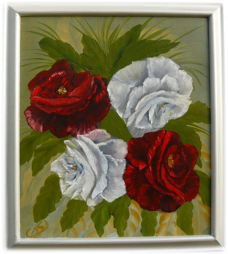 Fyra rosor, vita och röda. Olja, 20X20 cm.