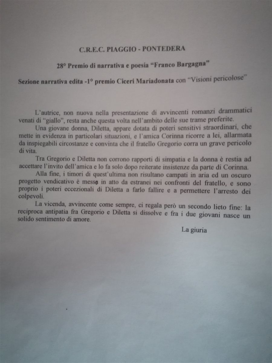 Motivazione del 1° premio al libro VISIONI PERICOLOSE - sezione narrativa edita - 28° Premio 