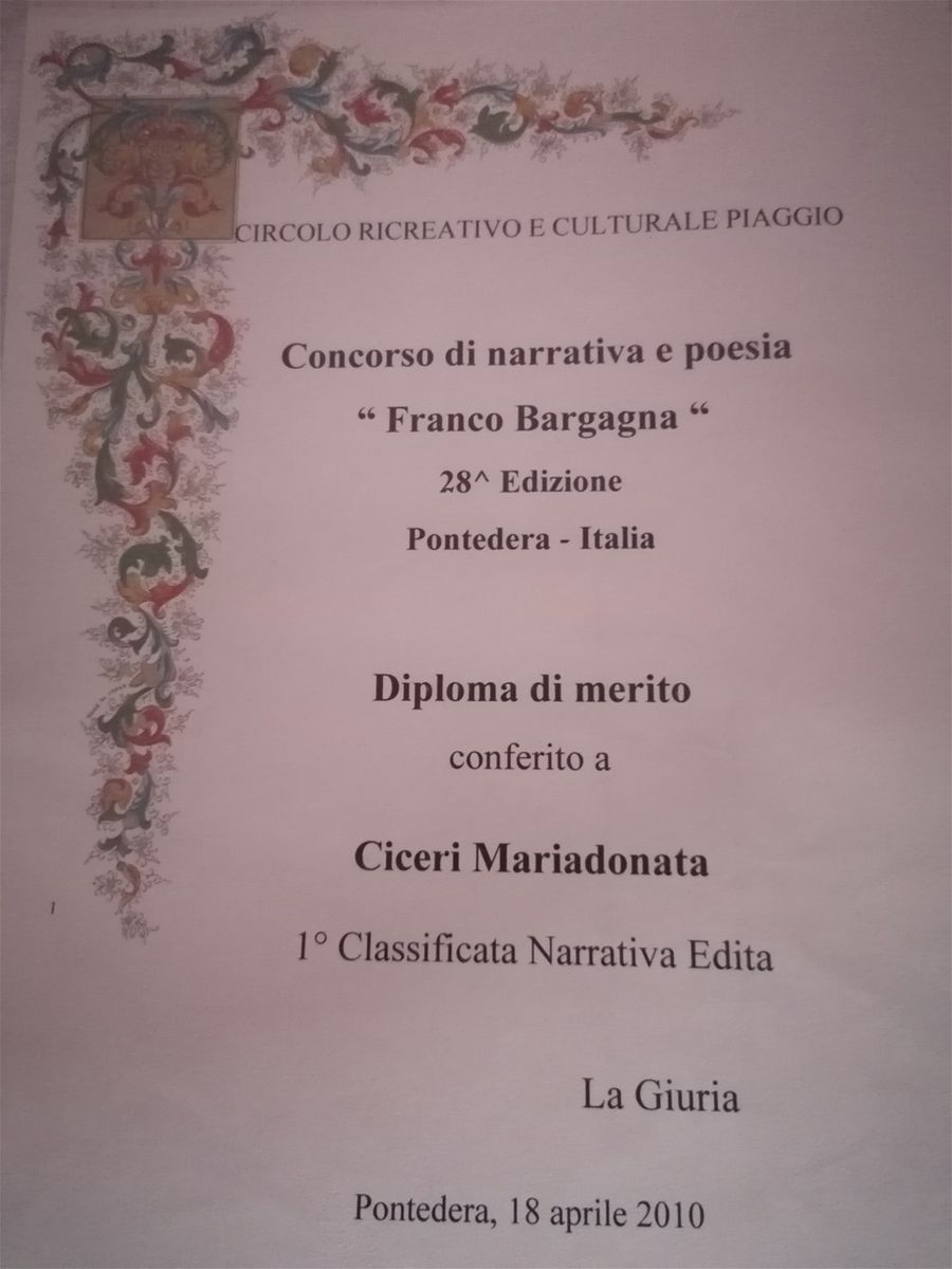 Diploma del 1° classificato al libro VISIONI PERICOLOSE - 28° Premio 