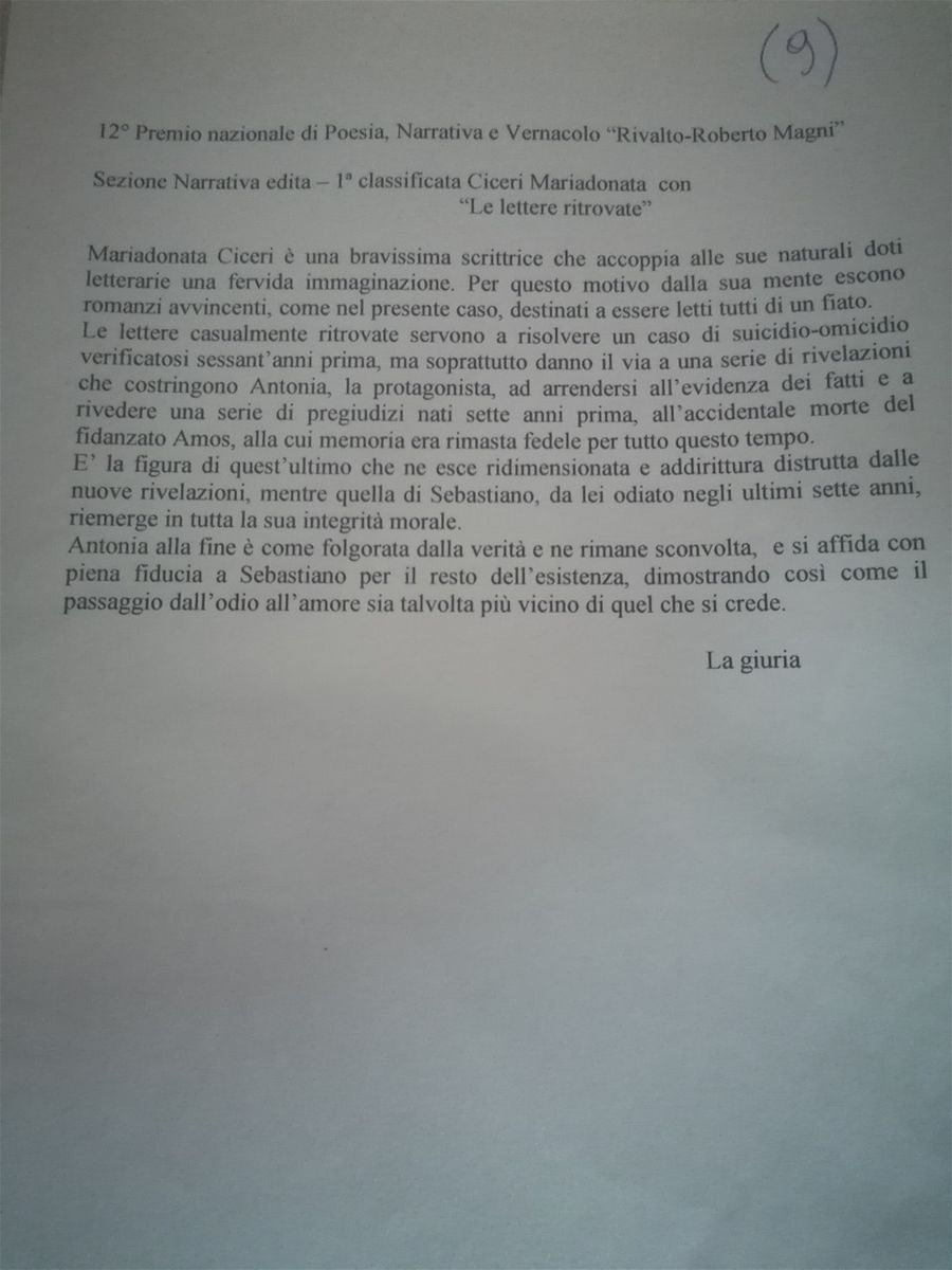 Motivazione per il 1° premio a LE LETTERE RITROVATE al 12° Premio 