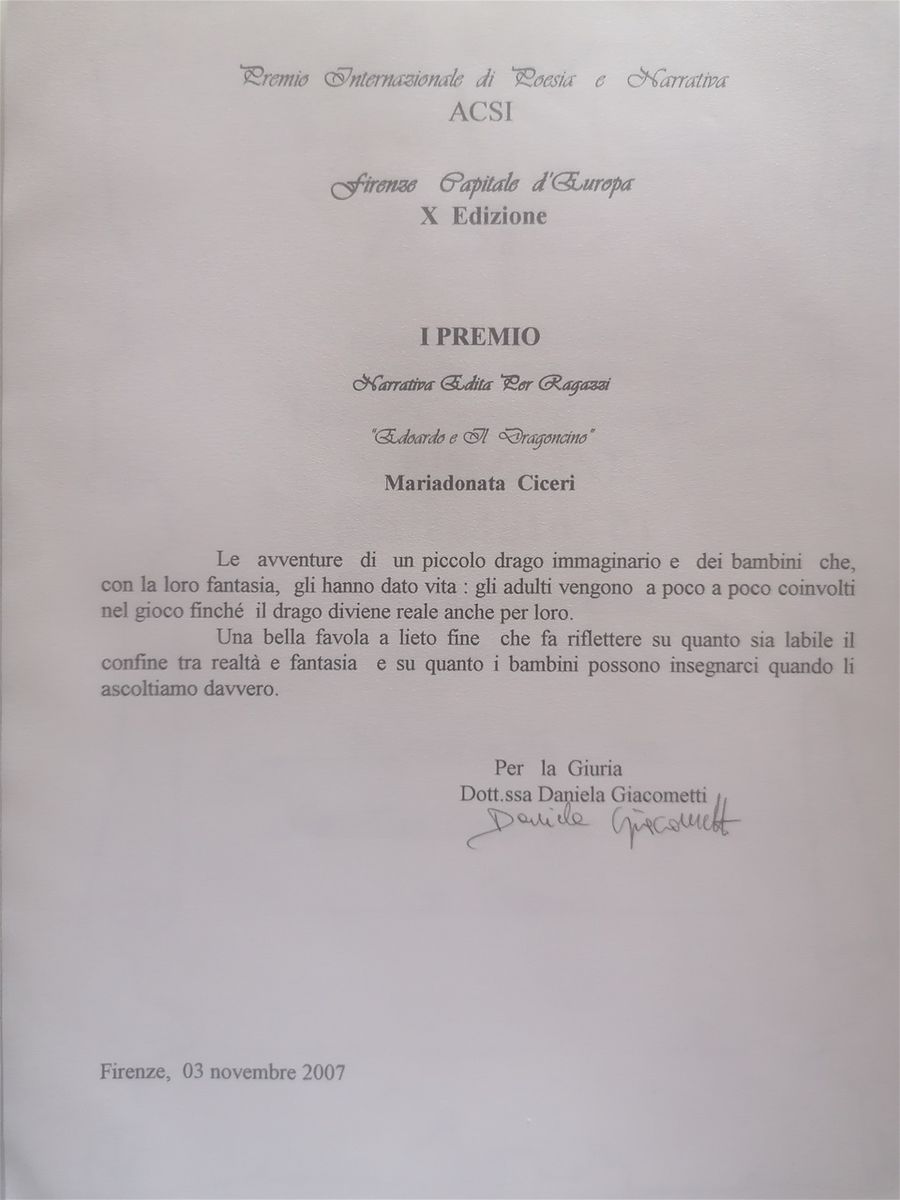 Motivazione del Primo premio al libro EDOARDO E IL DRAGONCINO - Editr. Ibiskos-Ulivieri al PREMIO INTERNAZIONALE DI POESIA E NARRATRIVA 
