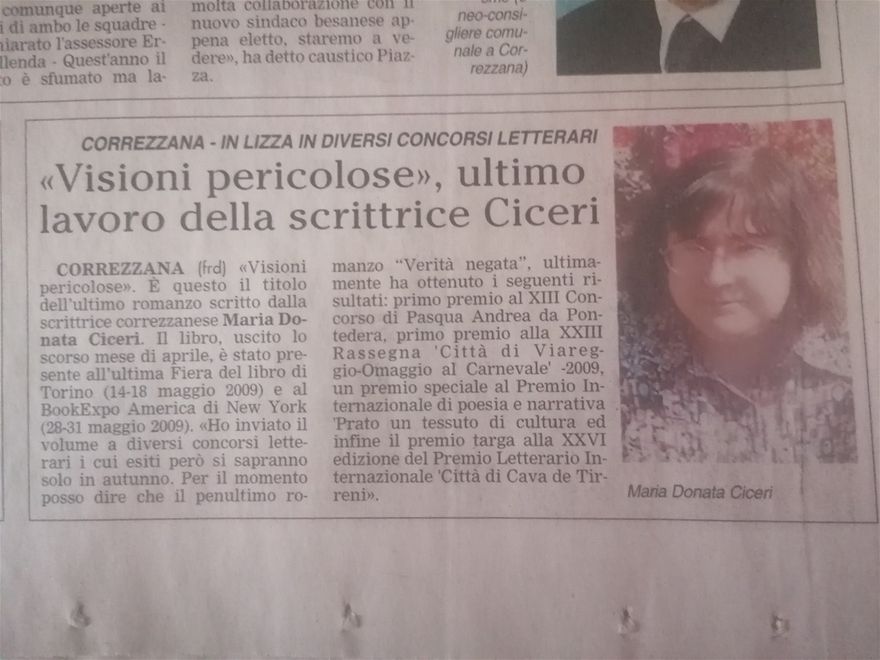 Articolo del  GIORNALE DI VIMERCATE del 28 luglio 2009, riguardante il libro VISIONI PERICOLOSE  (Editrice Ibiskos-Ulivieri).