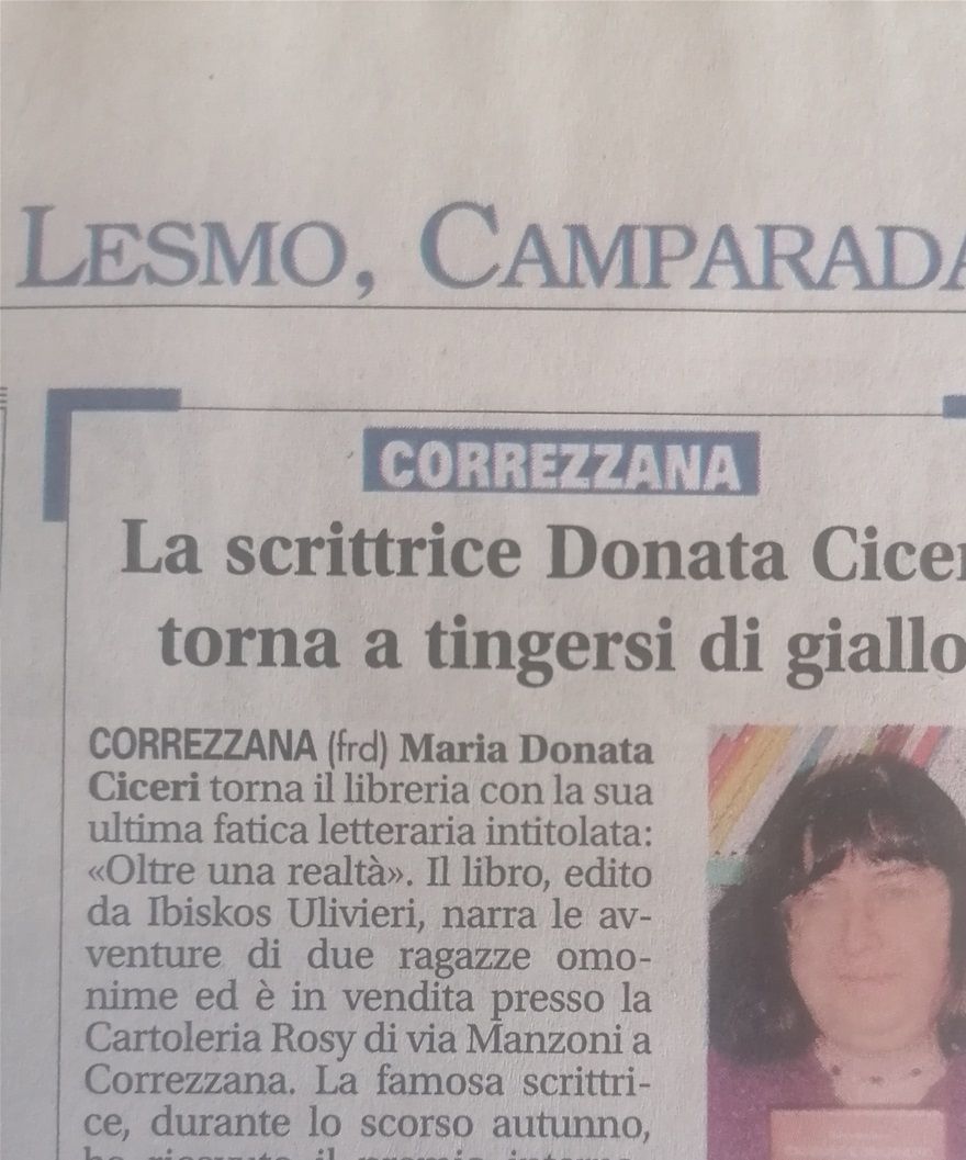 Articolo del  GIORNALE DI VIMERCATE del  5  aprile 2011, relativo al libro OLTRE UNA REALTA' (Editrice Ibiskos-Uliveri).