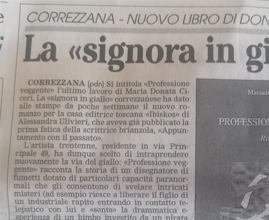 Articolo del  GIORNALE DI VIMERCATE  del  3 maggio 2005, relativo al libro PROFESSIONE VEGGENTE  (Editrice Ibiskos-Ulivieri)