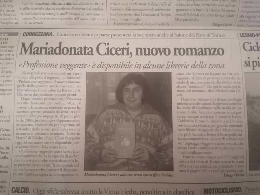 Articolo ndel giornale  IL  CITTADINO  del 19 marzo 2005, relativo al libro  PROFESSIONE VEGGENTE  (Editrice Ibiskos-Ulivieri).