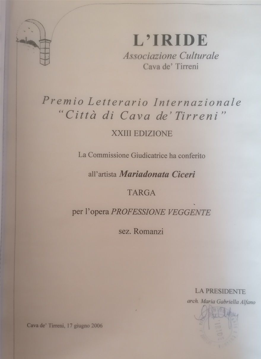 PREMIO  TARGA al libro PROFESSIONE VEGGENTE - (Ibiskos-Ulivieri) al Premio Letterario Internazionale 