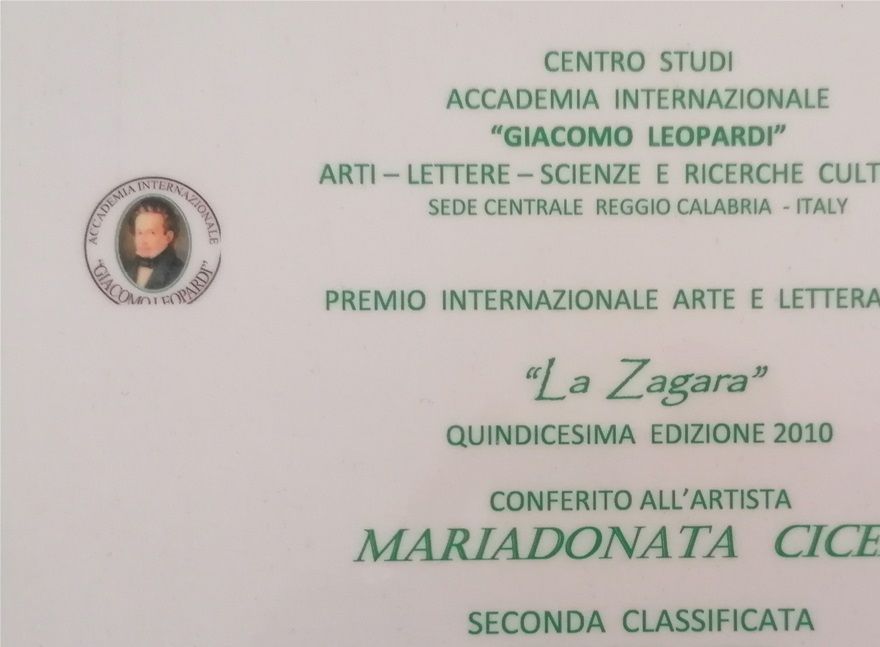 Seconda classificata la poesia LACRIME AMARE alla XV edizione del Premio Internazionale Arte e Letteratura LA  ZAGARA - Reggio Calabria - 07.10.2010